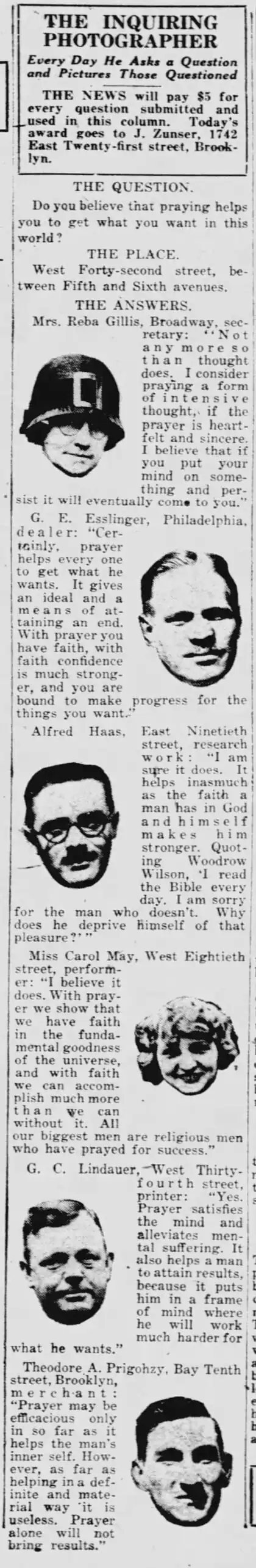 Column of the New York Daily News, 9 April 1924 — The Inquiring Photographer